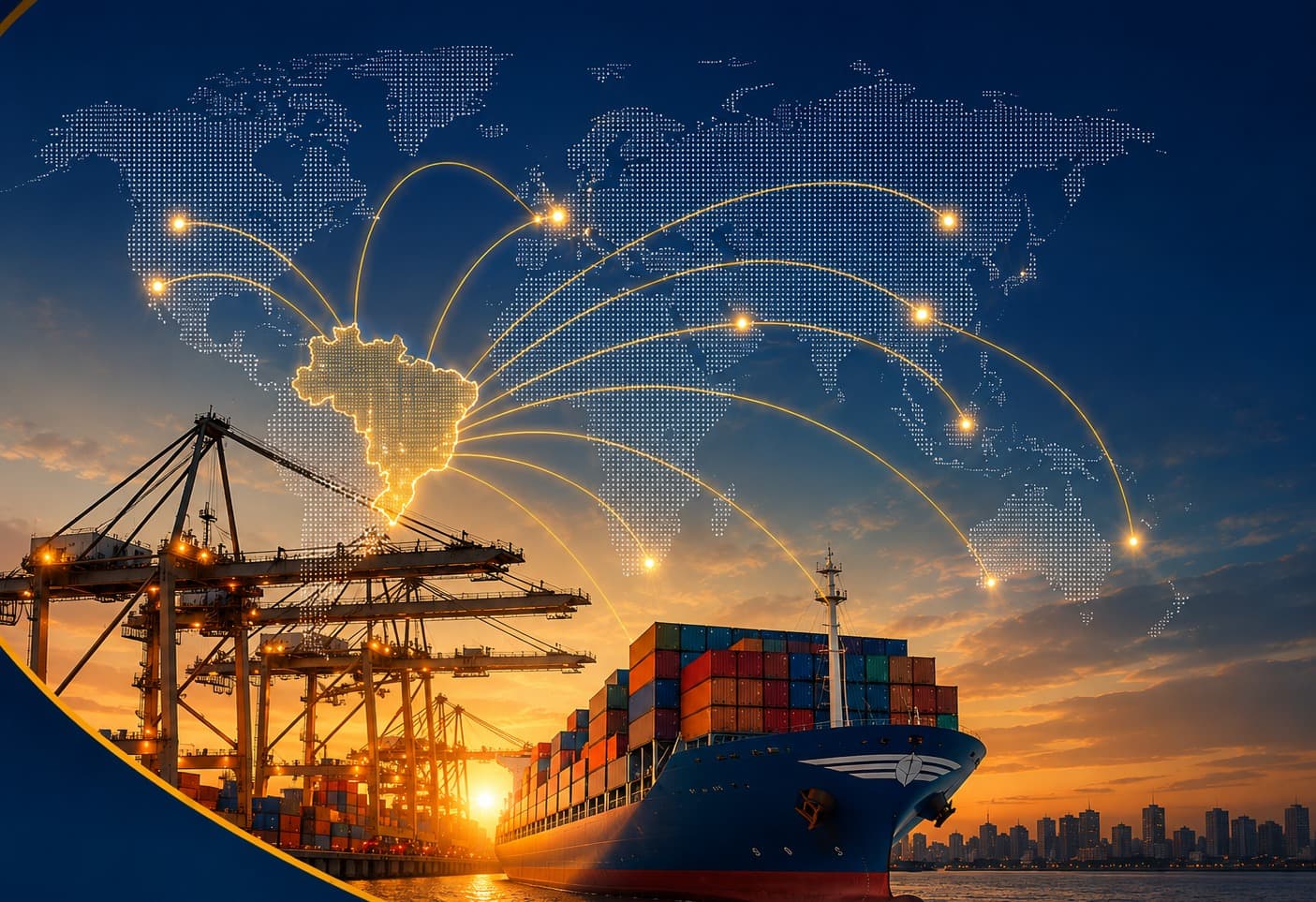 Conectando o Brasil ao mundo — navio cargueiro no porto ao pôr-do-sol com rotas de exportação iluminadas